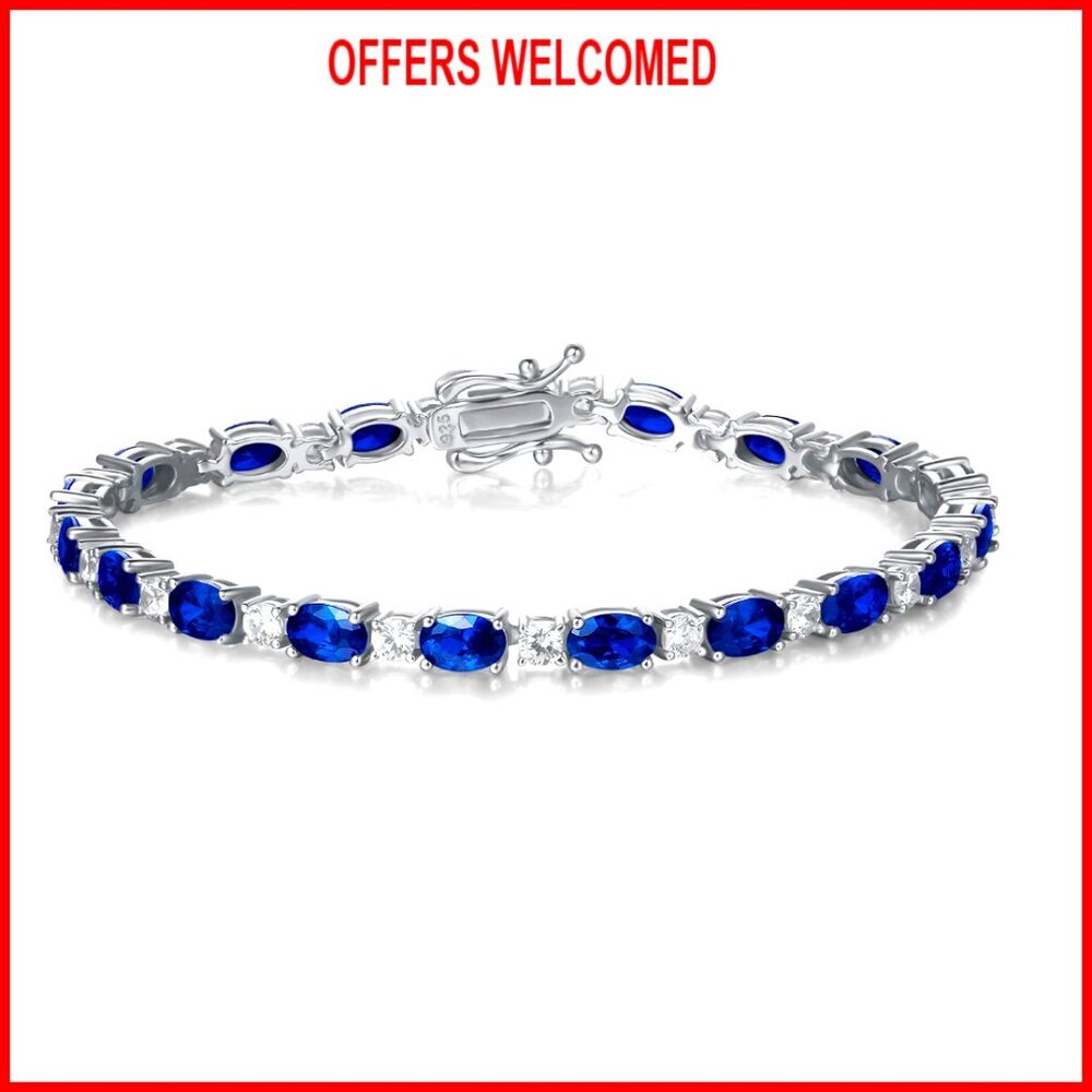 Sterling Silver Tennis Bracelet with Created Sapphire Gemstones